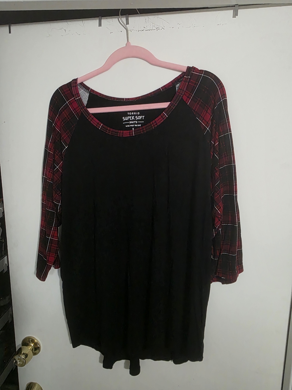 torrid Size 3 Black Tee with Red Plaid Raglan Sleeves